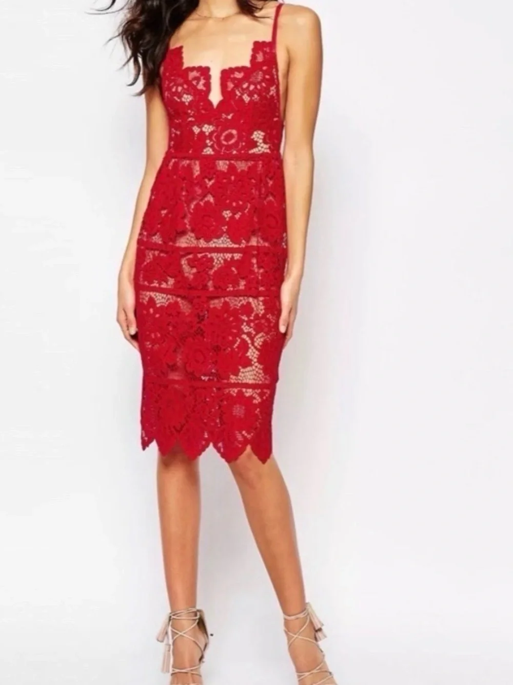 For Love And Lemons x Revolve Gianna Lace Midi Dress Womens Red New with Tags L
